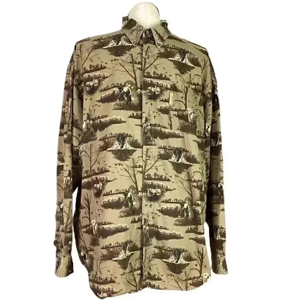 Columbia River Lodge Mens XL Hunting Dogs Shirt Brown Cotton Thin Corduroy